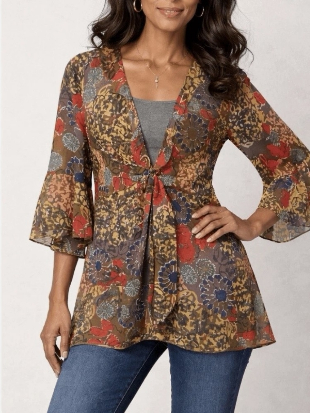 CAbi Women's Top Shakespeare Floral Semi Sheer Tie Front Ruffle Kimono